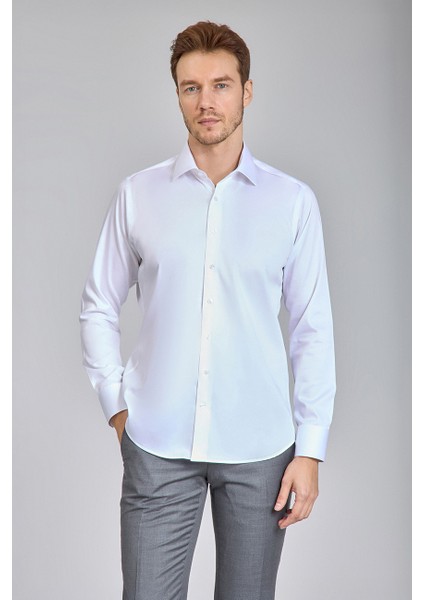 Beyaz Saten Uzun Kol Klasik Erkek Gömlek GMKLS250016_D01