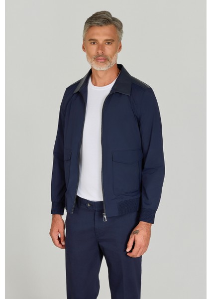 Gömlek Yaka Lacivert Deri Detaylı Erkek Mont MNT25Y25001_D39