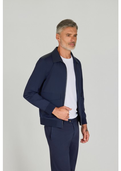 Gömlek Yaka Lacivert Deri Detaylı Erkek Mont MNT25Y25001_D39 fiyatları