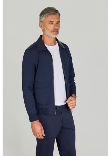 Gömlek Yaka Lacivert Deri Detaylı Erkek Mont MNT25Y25001_D39 modelleri