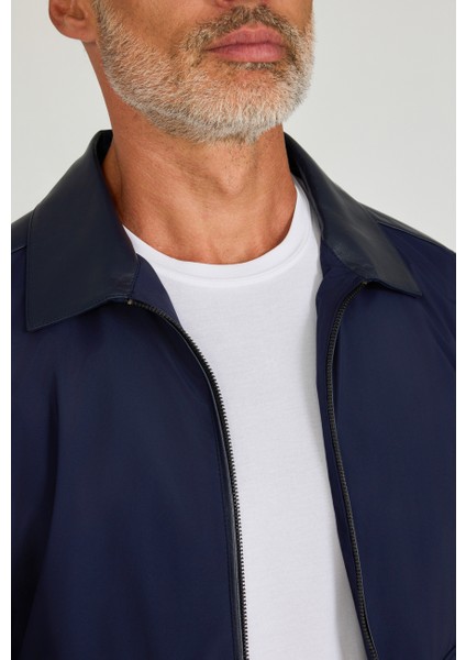 Gömlek Yaka Lacivert Deri Detaylı Erkek Mont MNT25Y25001_D39 indirimleri