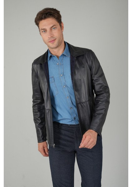 Erkek Lacivert Gerçek Deri Mont DM25Y25002_D39