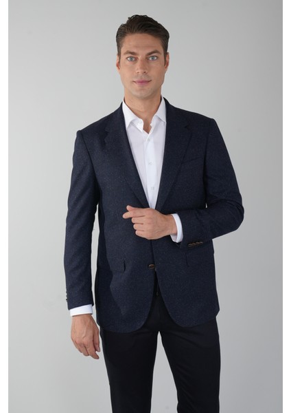 Comfort Fit Lacivert Mono Yaka Çift Yırtmaçlı 6 Drop Erkek İpek Yün Ceket PCK24K24207_D39