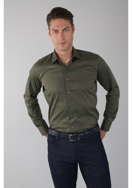 Regular Fit Klasik Yaka Cepsiz Haki Erkek Gömlek GMKLS4KC242059_D49
