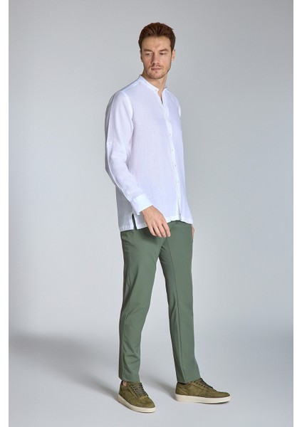 Regular Fit Hakim Yaka Beyaz Keten Erkek Gömlek GMKTN8HY224011_D01 fiyatları