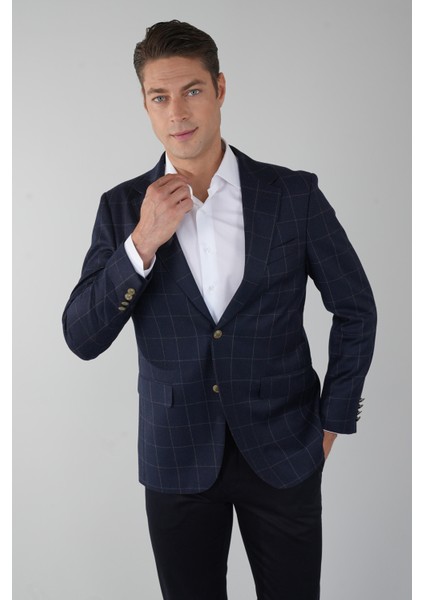 Comfort Fit Lacivert Mono Yaka Çift Yırtmaçlı 6 Drop Yün Kaşmir Erkek Ceket PCK24K24208_D39