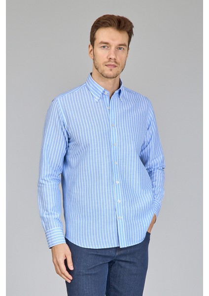 Regular Fit Uzun Kollu Mavi Pamuk Keten Erkek Gömlek GMKTN250002_D35 fırsatları