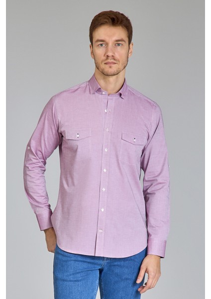 Regular Fit Yaka Düğmeli Mürdüm Pamuk Erkek Gömlek GMOKA1224003_D23