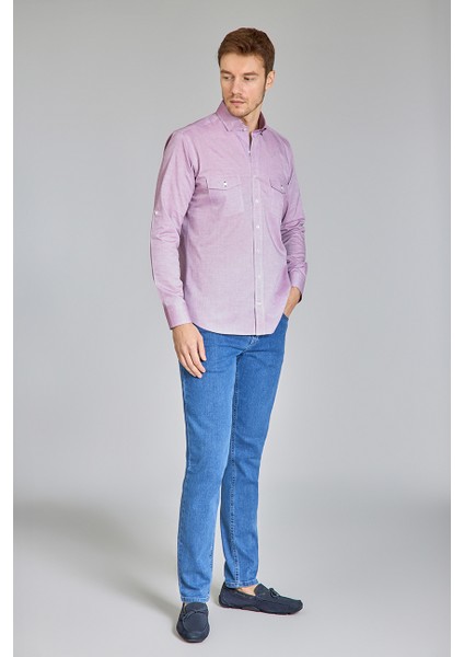 Regular Fit Yaka Düğmeli Mürdüm Pamuk Erkek Gömlek GMOKA1224003_D23 fırsatları