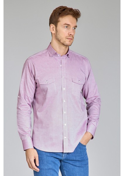 Regular Fit Yaka Düğmeli Mürdüm Pamuk Erkek Gömlek GMOKA1224003_D23 indirimleri