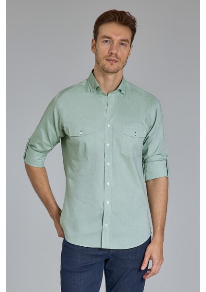 Regular Fit Yaka Düğmeli Yeşil Pamuk Erkek Gömlek GMOKA1224003_D47