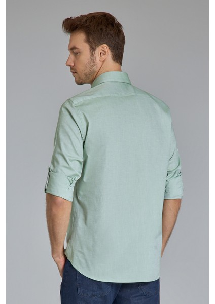 Regular Fit Yaka Düğmeli Yeşil Pamuk Erkek Gömlek GMOKA1224003_D47 fiyatları