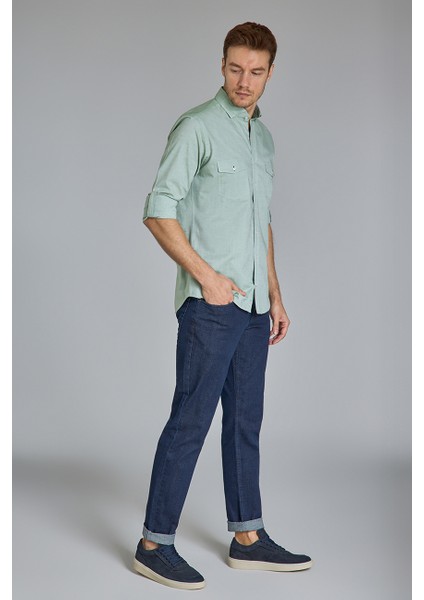 Regular Fit Yaka Düğmeli Yeşil Pamuk Erkek Gömlek GMOKA1224003_D47 indirimleri