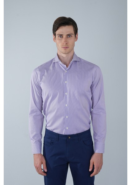 Regular Fit Napoli Yaka Uzun Kol Pamuk Lila Erkek Gömlek GMCZG250127_C44