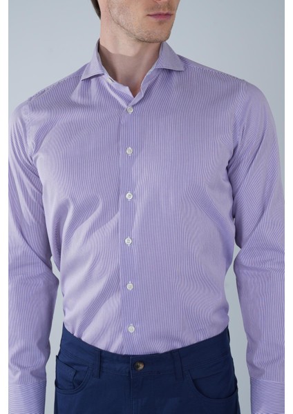 Regular Fit Napoli Yaka Uzun Kol Pamuk Lila Erkek Gömlek GMCZG250127_C44 fiyatları