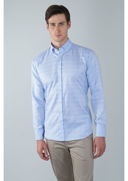 Regular Fit Uzun Kollu Mavi Pamuk Linen Erkek Gömlek GMKTN250005_E35