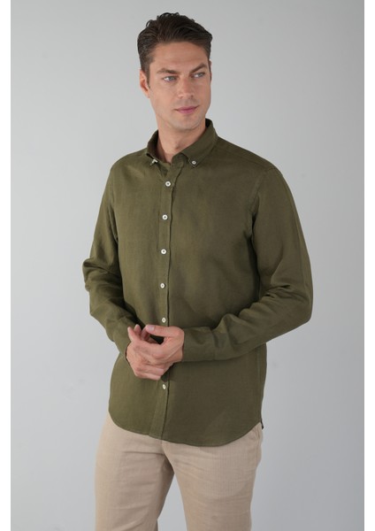 Regular Fit Paşa Yaka Cepsiz Sedef Düğmeli Haki Erkek Gömlek GMKTN250011_D49