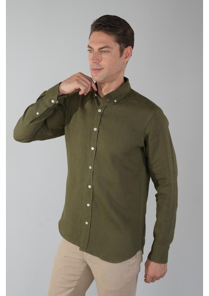 Regular Fit Paşa Yaka Cepsiz Sedef Düğmeli Haki Erkek Gömlek GMKTN250011_D49 indirimleri