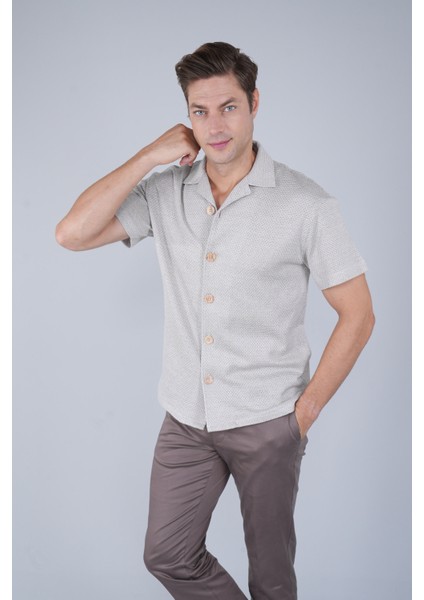 Regular Fit Kısa Kollu Örme Cepsiz Ekru Erkek Gömlek GMORM250003_D03