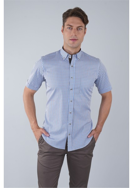 Regular Fit Paşa Yaka Kısa Kol Pamuk Kahve Erkek Gömlek GMEKS250007_D11