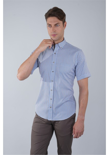 Regular Fit Paşa Yaka Kısa Kol Pamuk Kahve Erkek Gömlek GMEKS250007_D11 modelleri