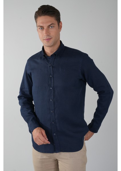 Regular Fit Paşa Yaka Cepsiz Sedef Düğmeli Lacivert Erkek Gömlek GMKTN250011_D39