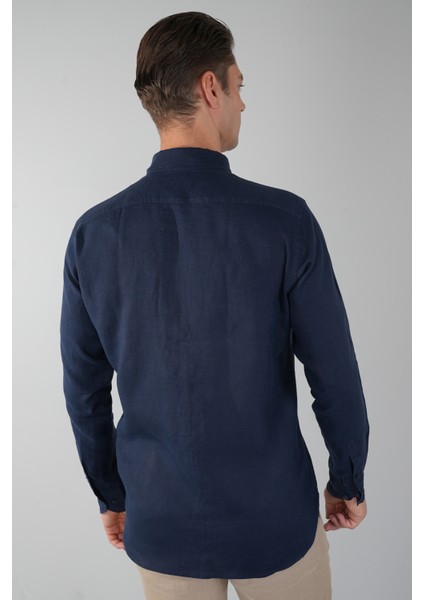 Regular Fit Paşa Yaka Cepsiz Sedef Düğmeli Lacivert Erkek Gömlek GMKTN250011_D39 fiyatları