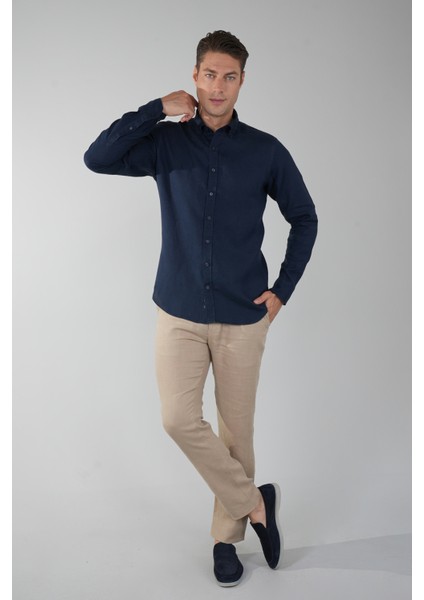 Regular Fit Paşa Yaka Cepsiz Sedef Düğmeli Lacivert Erkek Gömlek GMKTN250011_D39 indirimleri