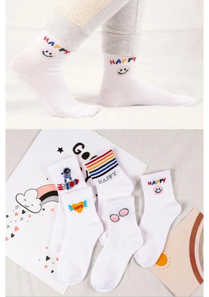 Unisex 6 Çift Tenis Çorabı Erkek Tenis Çorabı Kadın Tenis Çorabı Happy Beyaz Tenis Çorabı 38-44