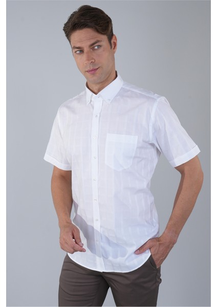 Regular Fit Paşa Yaka Pamuk Beyaz Erkek Gömlek GMEKS250002_D01
