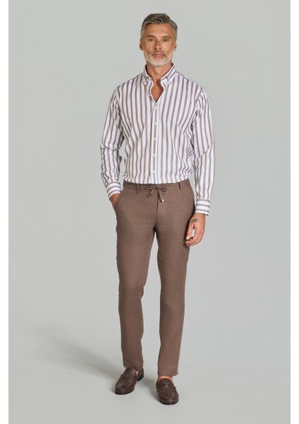 Erkek Taba Rengi Lastikli Bağcıklı Spor Keten Pantolon PNS25Y25106_D13