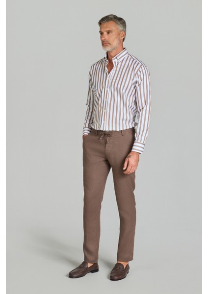 Erkek Taba Rengi Lastikli Bağcıklı Spor Keten Pantolon PNS25Y25106_D13 modelleri