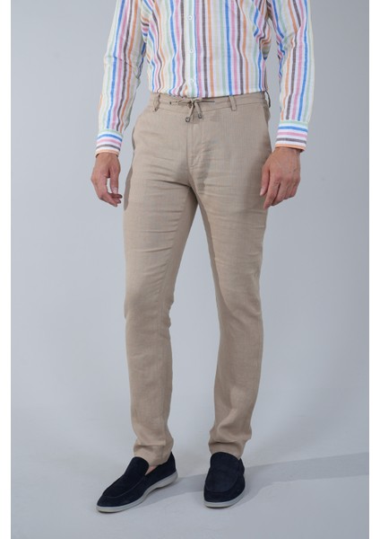 Erkek Camel Lastikli Bağcıklı Spor Keten Pantolon PNS25Y25106_D70