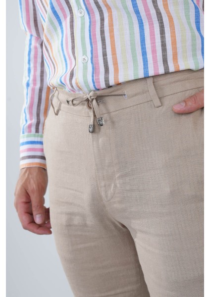 Erkek Camel Lastikli Bağcıklı Spor Keten Pantolon PNS25Y25106_D70 fırsatları