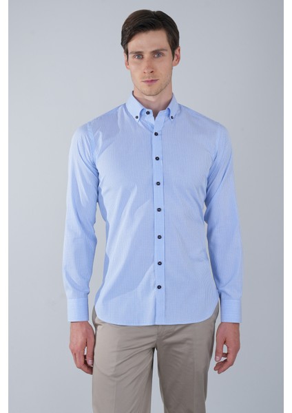 Regular Fit Uzun Kollu Paşa Yaka Cepsiz Pamuk Mavi Erkek Gömlek GMCZG250132_D35