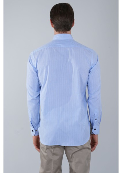 Regular Fit Uzun Kollu Paşa Yaka Cepsiz Pamuk Mavi Erkek Gömlek GMCZG250132_D35 fiyatları
