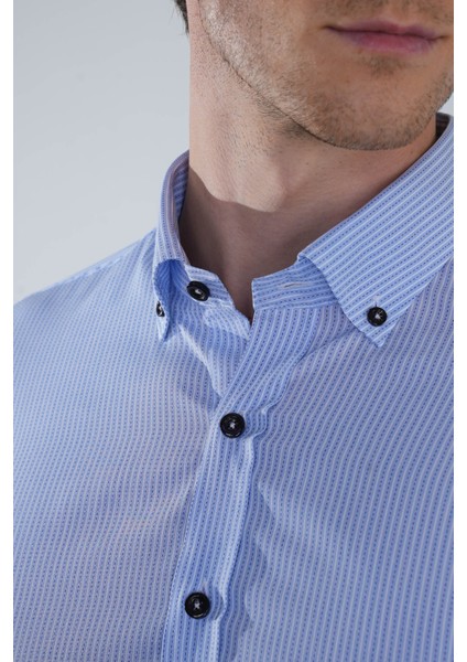 Regular Fit Uzun Kollu Paşa Yaka Cepsiz Pamuk Mavi Erkek Gömlek GMCZG250132_D35 modelleri