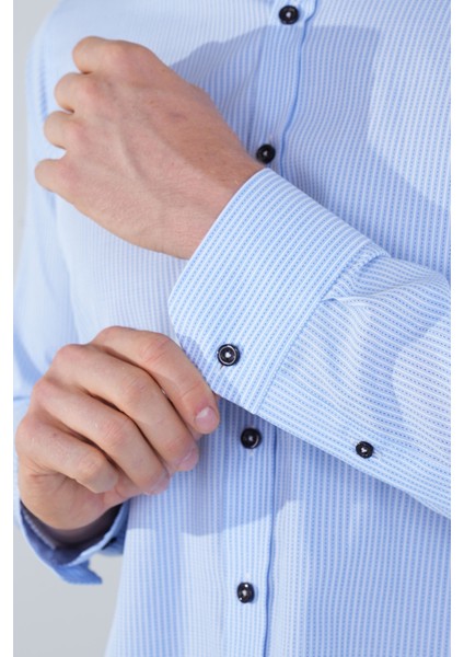 Regular Fit Uzun Kollu Paşa Yaka Cepsiz Pamuk Mavi Erkek Gömlek GMCZG250132_D35 fırsatları