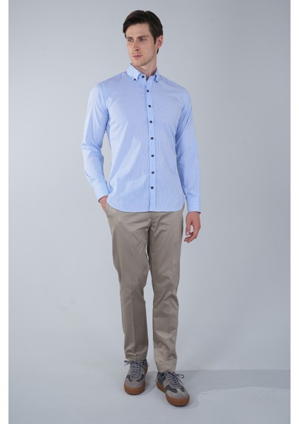 Regular Fit Uzun Kollu Paşa Yaka Cepsiz Pamuk Mavi Erkek Gömlek GMCZG250132_D35 indirimleri