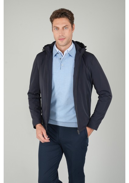 Deri Detaylı Regular Fit Erkek Lacivert Mont MNT24K24002_D39