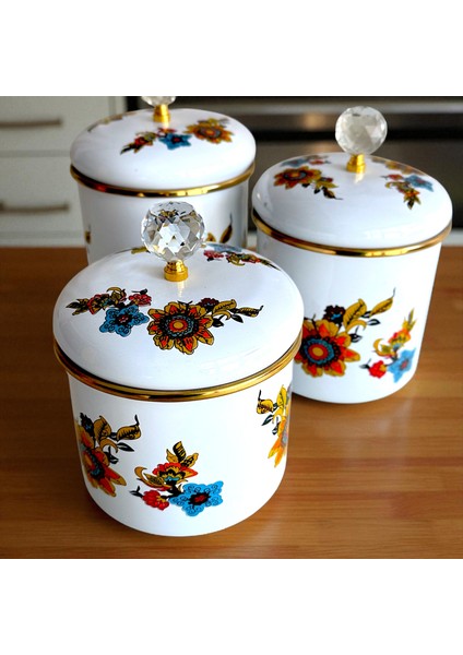 Glore Lorena Beyaz Emaye 3'lü Kavanoz - Baharatlık Takımı