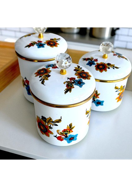 Glore Lorena Beyaz Emaye 3'lü Kavanoz - Baharatlık Takımı fırsatları