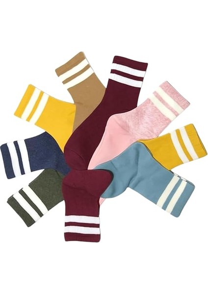 Kolej Çizgili Çok Renkli Karışık (10 Çift) Çorap Seti, Kadın Çorap Koton, Renkli Desenli Çorap 36-41 fırsatları