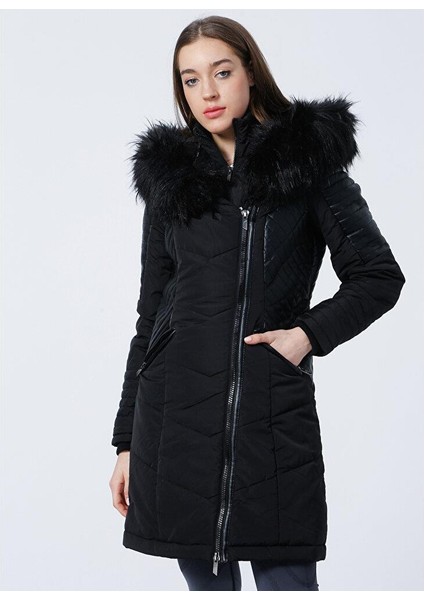 Kapüşonlu Asimetrik Fermuarlı Midi Kaban - Kışlık fiyatları