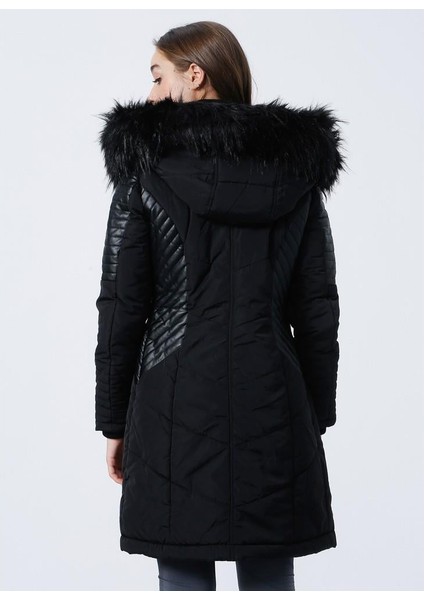 Kapüşonlu Asimetrik Fermuarlı Midi Kaban - Kışlık modelleri