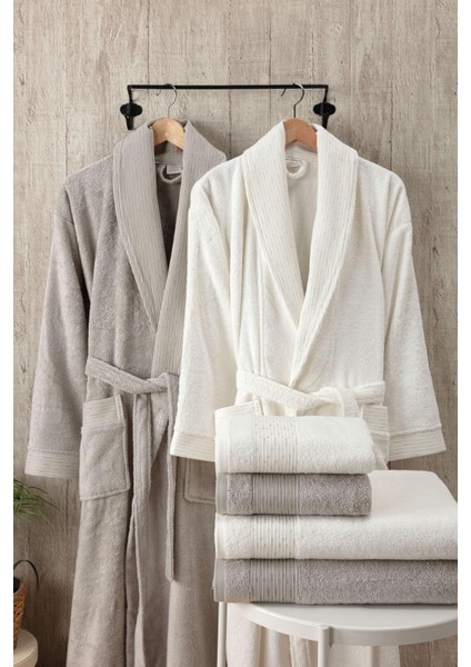 6 Parça Sedef Bambu Jakar Desenli Bornoz Seti Keten Ekru