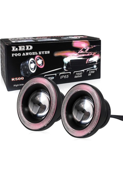 Mercekli Angel Yuvarlak LED Kırmızı Sis Farı 8.9cm Metal Gövde