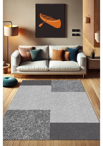Goemetrik Dikdörtgen Desenli Halı Balıksırtı Kırçıllı Halı Gri Halı Salon ve Oturma Odası Halısı