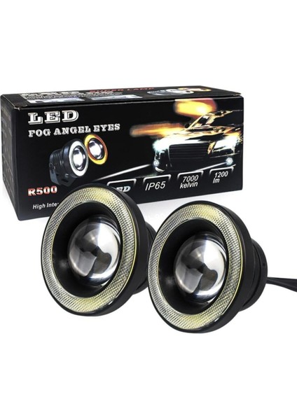 Mercekli Angel Yuvarlak LED Beyaz Sis Farı 8.9cm Metal Gövde