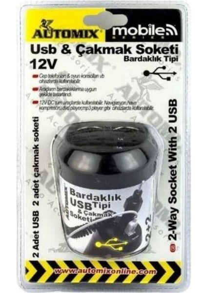 Bardaklik Tipi USB ve Çakmak Soketi 12V